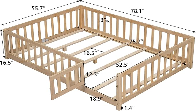 Full Size Floor Platform Bed with Fence and Lockable Door, Wood Montessori Bed Frame with Slat Support for Kids,Girls,Boys, Easy to Assemble,Natural