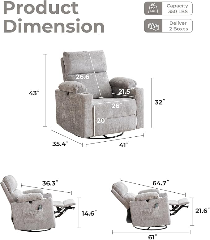 Oversized Power Recliner Chair Swivel Glider with Massage and Heat, Swivel Rocker Recliner with Adjustable Armrests, 26" Nursery Chair with Adjustable Headrest, Rocker Nursery Recliner, Light Grey