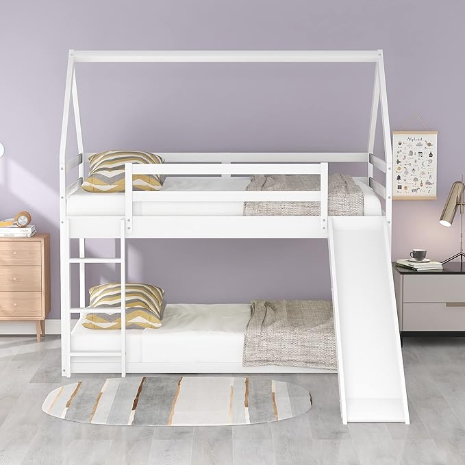 Twin Size Bunk House Bed with Slide and Ladder,can Switch Positions Left & Right,Bedroom Wood Loft Bed Frame W/No Box Spring Required,Easy to Assemble,for Kids Teens Girls Boys,White