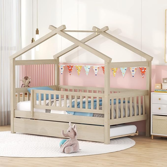 Merax Twin Size Wooden House Bed with Twin Size Trundle, Wood Bed Frame with Roof and Safety Guardrail for Kids, Teens, Boys or Girls, Natural