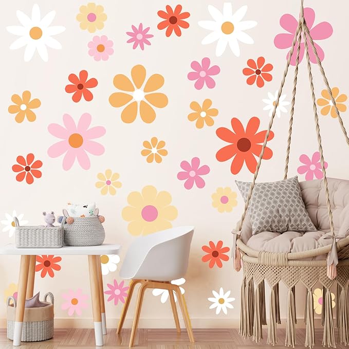 TaoBary 12 Sheets Daisy Wall Decal Flower Wall Sticker Cute Daisy Sticker Pink White Flower Decal Peel and Stick Floral Wallpaper for Nursery Bedroom Home Decor(Bright Color,Bright Style)