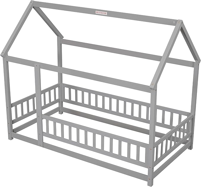 Bellemave Twin Size House Floor Bed Frame,Wooden Montessori Floor Bed with Fence for Kids,Twin Size Kids Bed,Gray