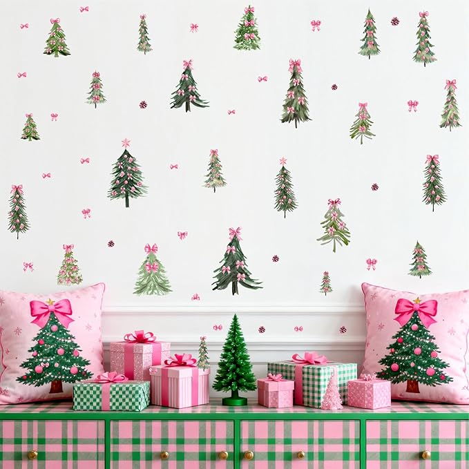 Christmas Tree Window Decals Small Pine Trees Wall Stickers Pink Bow Trees Windows Decals Watercolor Winter Green Tree Wall Stickers Removable Xmas Holiday Windows Decoration for Party Supplies