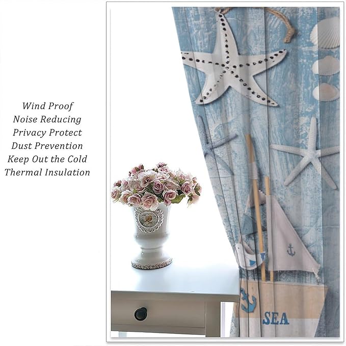Nautical Curtain,Navy Anchor Sailing Map Starfish Seashells Bedroom Curtain,Waterproof Washable Fabric for Bedroom Decor Set 2 Panels,63x72 Inches