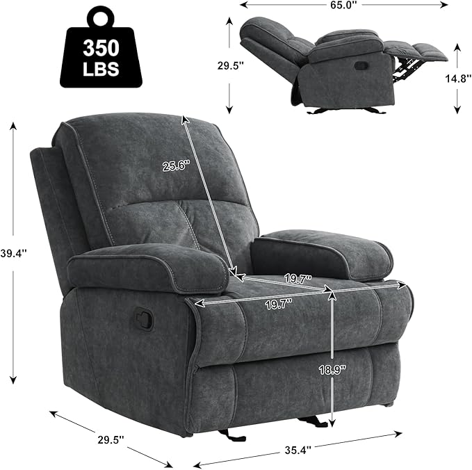 Manual Rocker Recliner Chair for Adults, High Back Glider with Deep Seat, Upholstered Fabric Armchair for Living Room & Nursery, Dark Grey