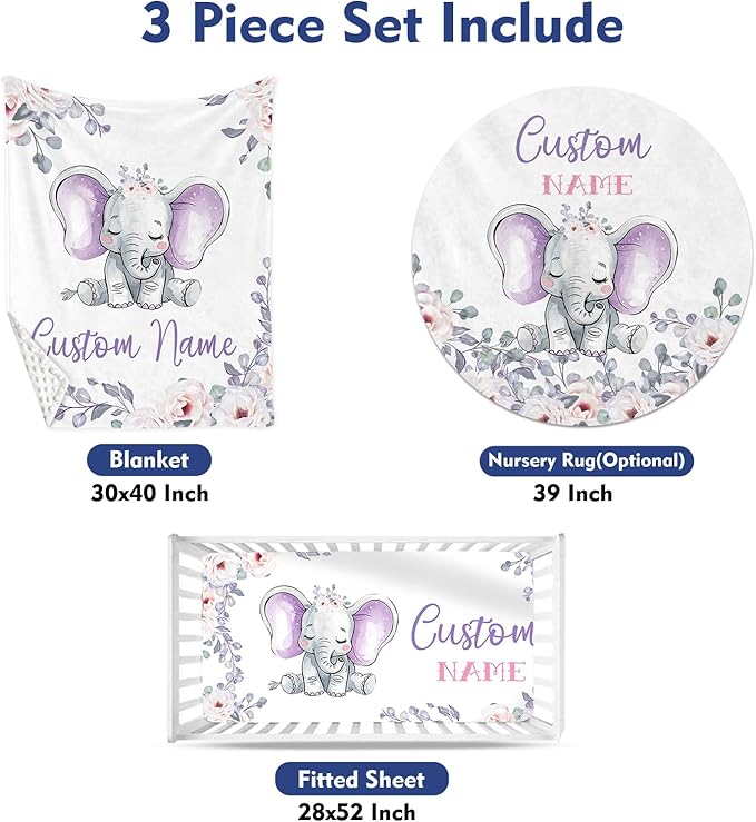 Custom Baby Crib Bedding Set - Light Purple Elephant Design Personalized Name Baby Nursery Bedding 3 Pcs Set - Chic Soft Blanket, Fitted Sheet, Room Rug for Newborns Boys Girls Gifts