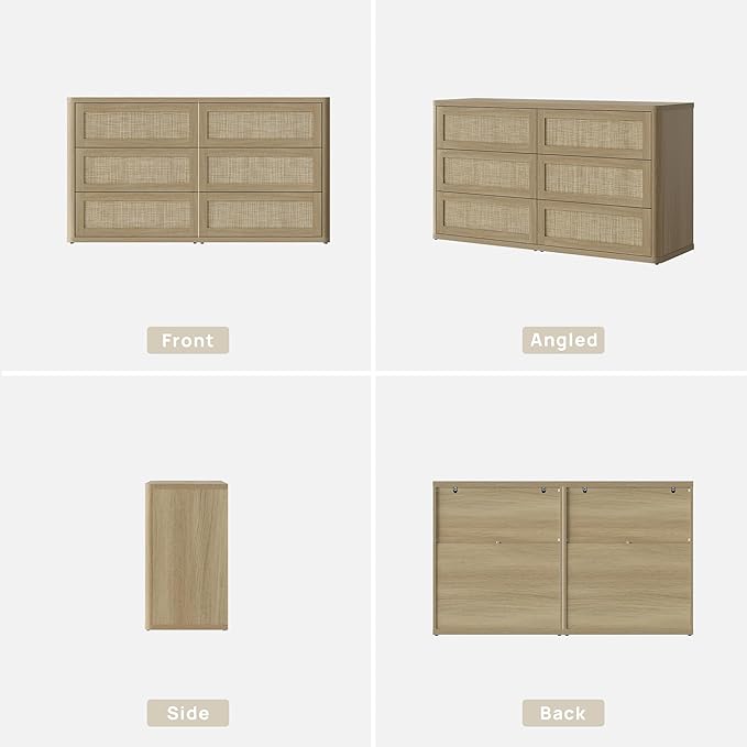 SICOTAS Dresser for Bedroom - 6 Drawer Dresser for Nursery 54" Wide Rattan Dressers & Chests of Drawers Boho Drawers for Bedroom Living Room Clothes Large Closet Storage for Closet Hallway Entryway