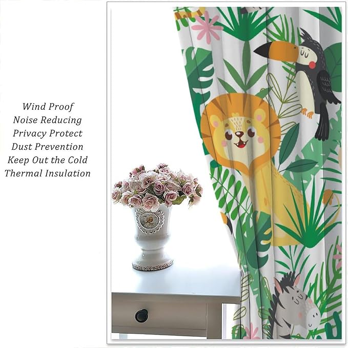 Jungle Animals Curtains Cartoon Cute Lion Giraffe Monkey Zebra Woodland Art Printed for Children Girls Boys Bedroom Nursery Rod Pocket Decoration Window Drapes 2 Panels W21xL54in