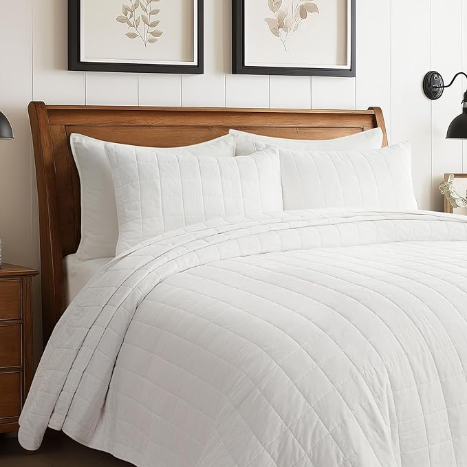 EVERGRACEHOME 100% Cotton Box Stitch Quilt Bedding Set King Size 3 Pieces, Garment-Washed Lightweight Soft Cozy Coverlet, Oversized Quilted Bedspread Sets with 2 Shams for All Season, Bright White