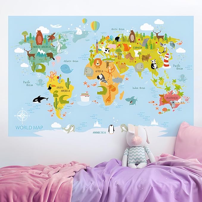 Animal World Map Wall Decals Kids Educational Learning Landmarks Wall Stickers Jungle Wild Animal Wall Art Decal Removable World Map Simple Cute Animal Wall Murals for Kids Calssroom Decor