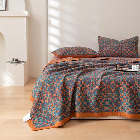 100% Cotton Muslin Blanket Jacquard Bohomian Mandala Floral Print Quilt, Soft Bed Cover 3 Layers Reversible Bedspread Coverlet Breathable Lightweight Bedding King(98"x94"), No Pillow Sham