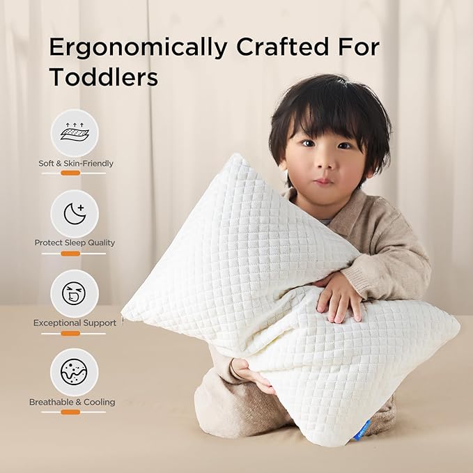 Choc chick Memory Foam Toddler Pillow Pack of 2,20X14' Kids Pillow with Machine Washable Pillowcase Rayon Derived from Bamboo,Adjustable Height Toddler Pillows for Sleeping 2-6 Years Old(White)