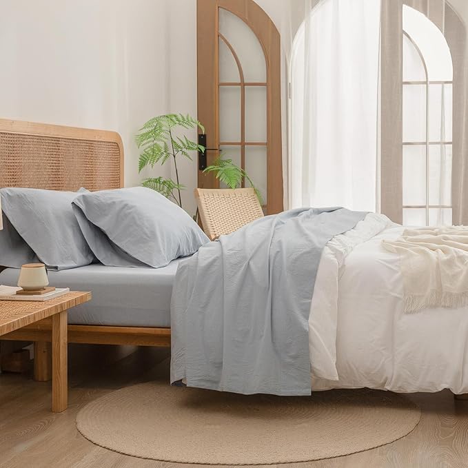 BESTOUCH Sheet Set 100% Washed Cotton Linen Feel Super Soft Comfortable Chic Lightweight 4 Pcs Home Bedding Set Solid Cornflower Blue Cal King