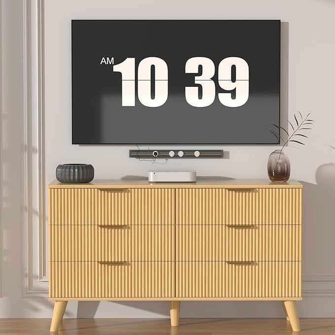 6 Drawer Dresser for Bedroom, 47" Wide Modern Chest of Drawers with Fluted Design, Dresser TV Stand, Boho Storage Wood Dresser Organizer for Living Room, Hallway, Closet, Entryway Natural