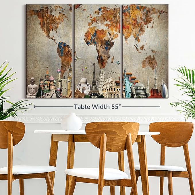 ElephantStock Rusty World Map Multi Piece Canvas - 3 Piece Canvas World Map Wall Decor - Wall Decor - Ready-to-Hang Print - Vintage Wall Art - 57" X 36"