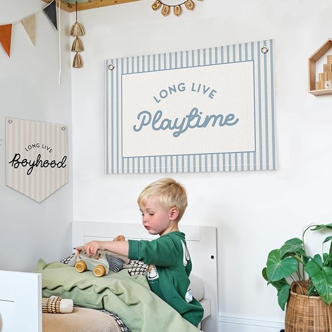 Lacama Blue Long Live Playtime Boys Room Playroom Decor, Boy Nursery Play Room Wall Decor, Linen Banner Wall Hanging Canvas Flag Decors for Toddler Boy Rooms Nursery 30x20 Inch