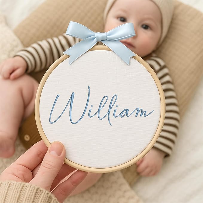 Personalized Baby Name Sign Welcome Baby Announcement Sign Newborn Baby Embroidery Hoop with Bows Baby Hospital Name Sign Custom Infant Baby Name Baby Shower Gifts (09)