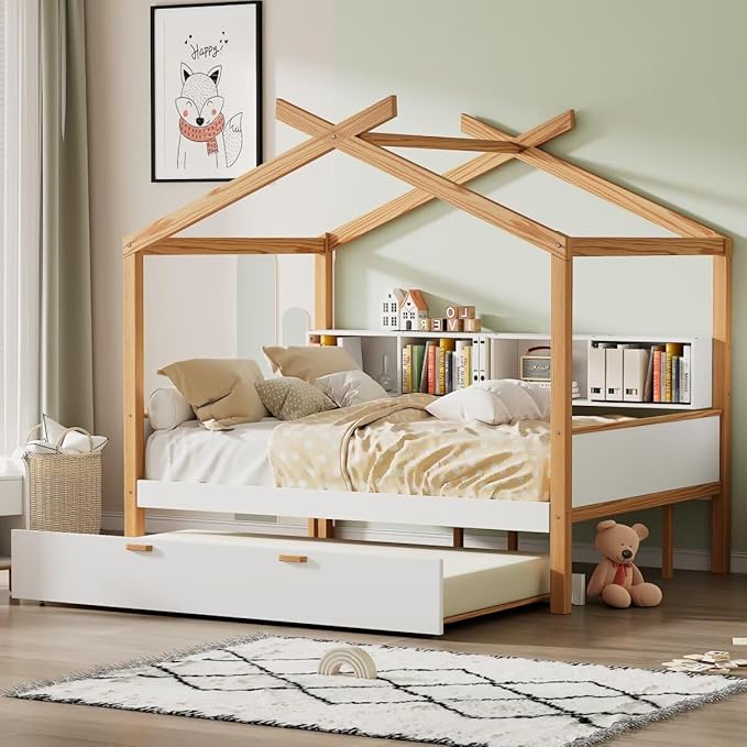 Full Size Wooden House Bed with Twin Size Trundle and Bookshelf Storage Space, Original Wood Colored Frame with Roof and Slats Support for Kids Teens Girls Boys Bedroom (White+Trundle, Full)