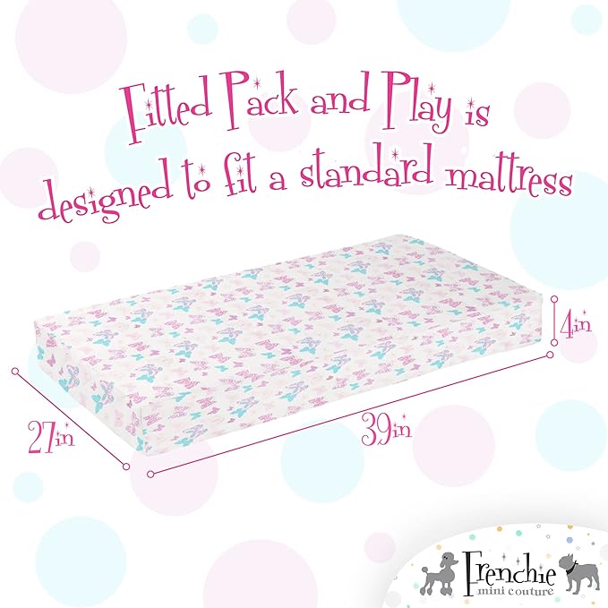 Frenchie Mini Couture, Fitted Pack n Play Sheets, 2 Pack, 100% Woven Cotton, Pack and Play Mattress Sheets, Fits Most Mini Crib & Playard, 27 x 39 x 4in, Butterfly