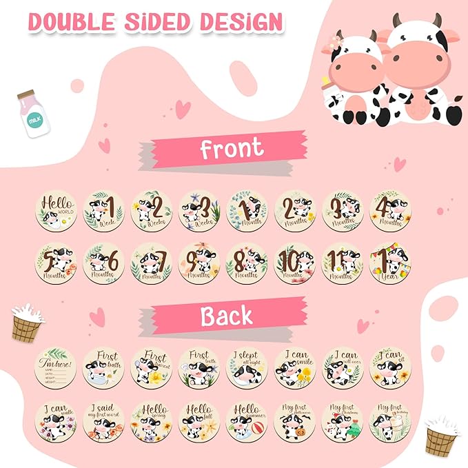 Tiamon 16 Pieces Wooden Baby Monthly Milestone Cards Monthly Milestone Marker Discs Double Sided Wooden Circles Months Signs for Baby Shower Newborn Photo Props(Cow and Leaves)