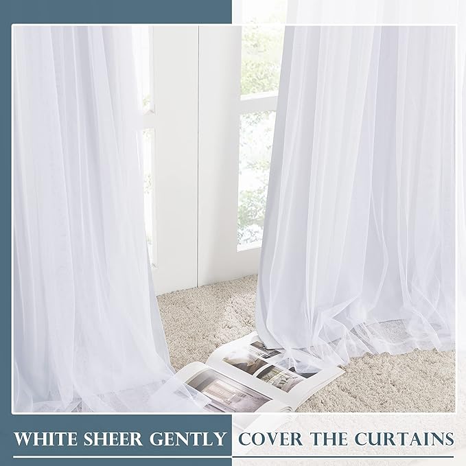 PONY DANCE Bedroom Curtains 63 Inch Length - Sheer Overlay Blackout Curtains, 52 inches Wide, Window Treatment Panels, Cortinas De Sala Elegantes (Winter White, Set of 2, with Extra Tie-Backs)