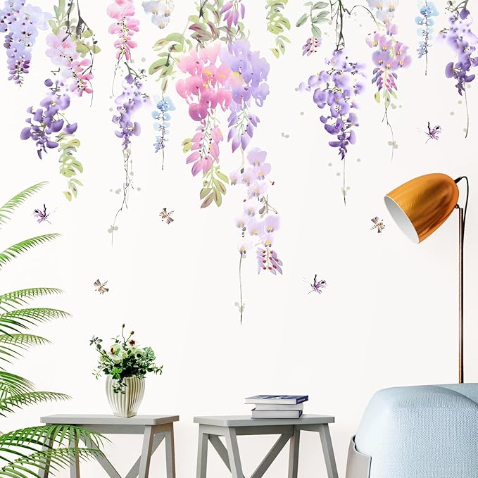 Amaonm 3D Removable Hanging Purple Blue Flowers With Green Leaves Wall Stickers Murals DIY Peel and Stick Flower Vines Floral Wall Decal for Home Wall Corner Kids Bedroom Living Room Nursery Decoration (C)