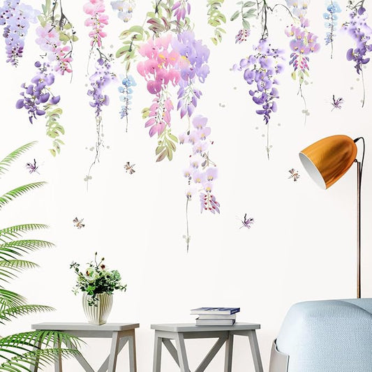 Amaonm 3D Removable Hanging Purple Blue Flowers With Green Leaves Wall Stickers Murals DIY Peel and Stick Flower Vines Floral Wall Decal for Home Wall Corner Kids Bedroom Living Room Nursery Decoration (C)