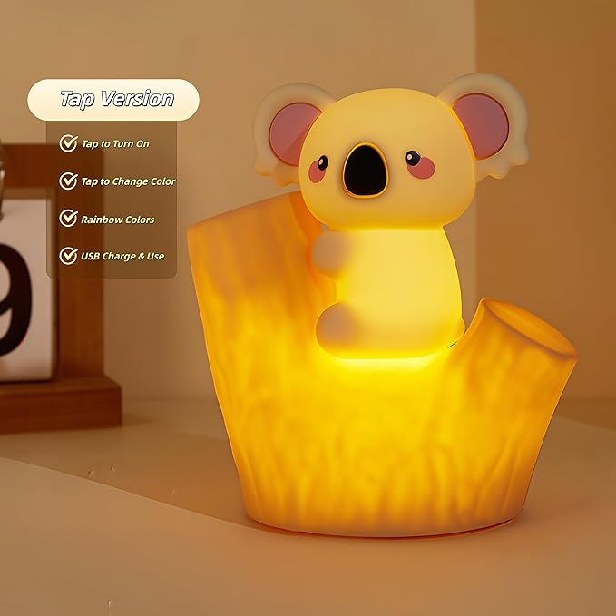 Koala Tap Night Light USB Rechargeable Dimmable Timer RGB Color Changing Silicone Cute Cartoon LED Touch Lamp for Kids Bedroom Nursery Baby Toddler