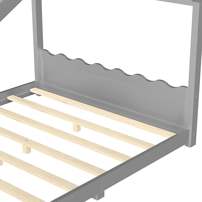 Queen Size Wooden House Floor Bed - Kids Bed Frame with Roof & Support Slats for Bedroom, No Box Spring Needed, Easy Assembly (Grey)