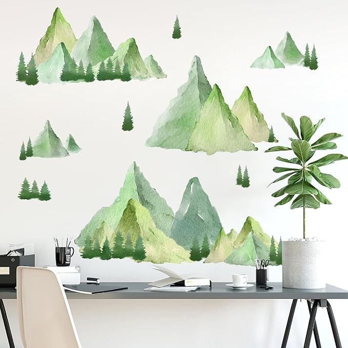 Watercolor Mountain Wall Decal Large Mountains Tree Wall Stickers Peel and Stick Green Pine Tree Decals Nature Art Big Mountain Stickers Forest Decal for Bedroom Living Room Decor
