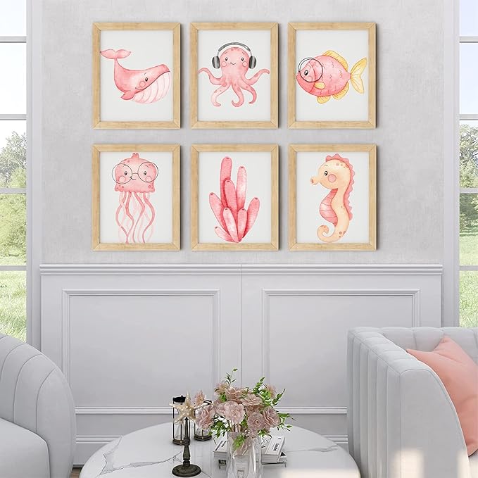 ZZJYYC Ocean Nursery Wall Art Pictures Pink Watercolor Nautical Canvas Art Poster Beach Animal Wall Decor Paintings Sea Whale Jellyfish Seahorse Prints for Baby Kids Room 8x10 Inch Set of 6 Unframed