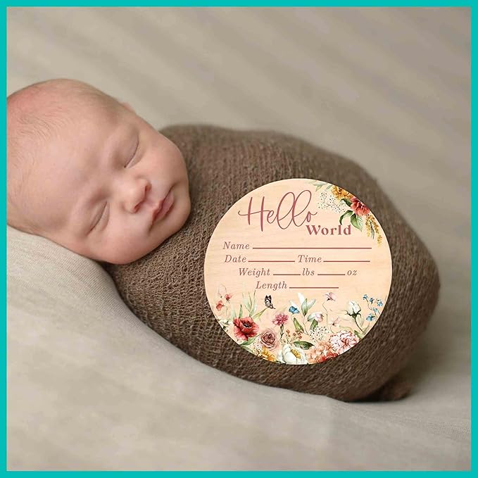 Hello World Wood Newborn Baby Birth Announcement Sign - 6 Inch Round - Butterfly Boho Floral - Shower Gift - Nursery Decor