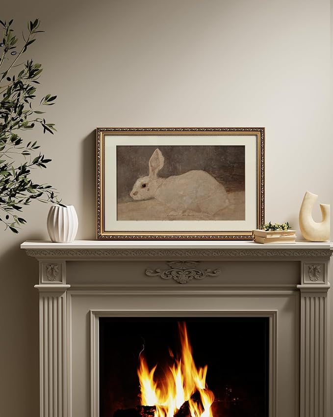 ARPEOTCY Vintage Gold Framed Large Wall Art, Easter White Rabbit Paintings, Animal Canvas Prints Artwork with Antique Frame, Victorian Wall Picture Decor for Gallery Living Room 16x24 inch