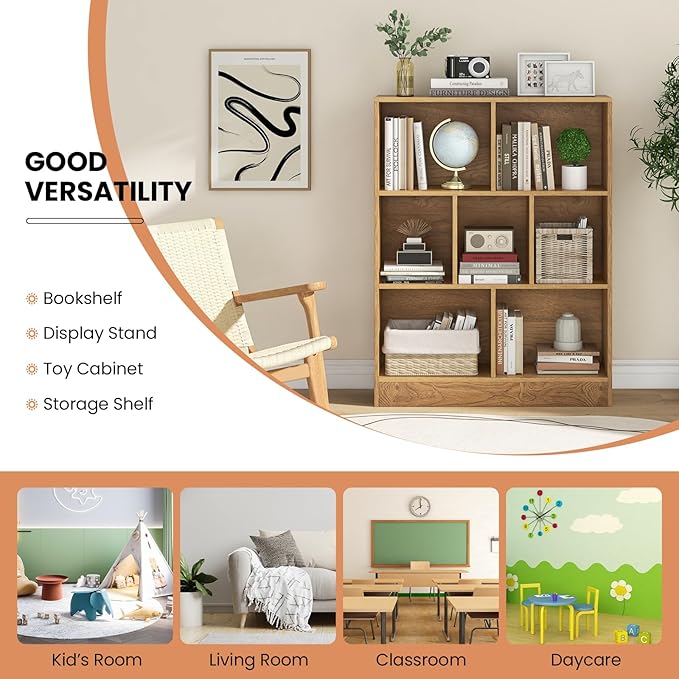 Costzon 7-Cube Bookshelf for Kids, Wooden Toy Storage Organizer w/ 2 Anti-Toppling Kits, 3 Tier Open Shelves & Non-Slip Foot Pads, Montessori Toy Shelf for Kids Rooms, Playroom, Classroom, Nursery