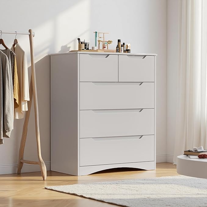 Gizoon 5 Drawers Chest, White Dresser for Bedroom with Large Storage Capacity, Chest of Drawers with Embedded Handle, Deep-Drawer Dresser for Closet with Anti-Tip Kit，for Hallway, Office, Living Room