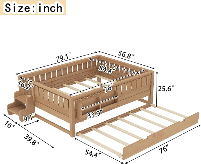 Bellemave Full Size Kids Bed with high Rails and with Built-in Bookshelf and Trundle for Kids, Girls, Boys, Wood Montessori Bed Without Door, Natural