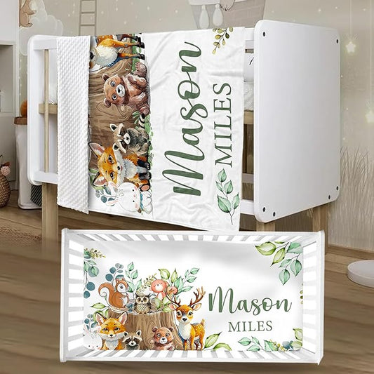 Personalized Crib Bedding Set for Boys Girls, Custom Baby Crib Sets with Name, Animal Stump Design Nursery Bedding 2 Piece - Soft Blanket with Double Layer Dotted Backing, Crib Fitted Sheet