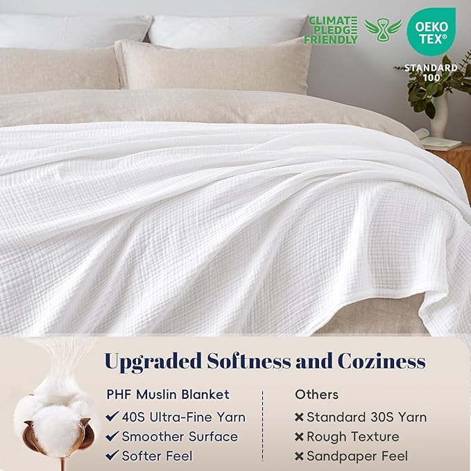 PHF 100% Cotton Muslin Blanket King Size 108"x90", 4-Layer Lightweight Gauze Throw, Breathable Cloud-Soft Minimalist Blanket for Bed, Couch, Camping & Baby, White, Ideal Gift