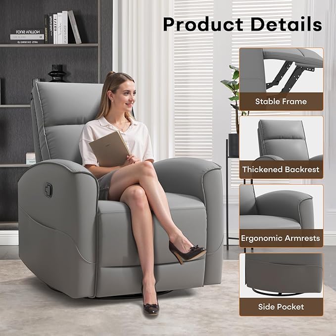 Swivel Rocker Recliner Chair, Manual Faux Leather Glider Rocking Recliners for Adults, 360° Swivel Nursery Reclining Sofa with Storage Pocket