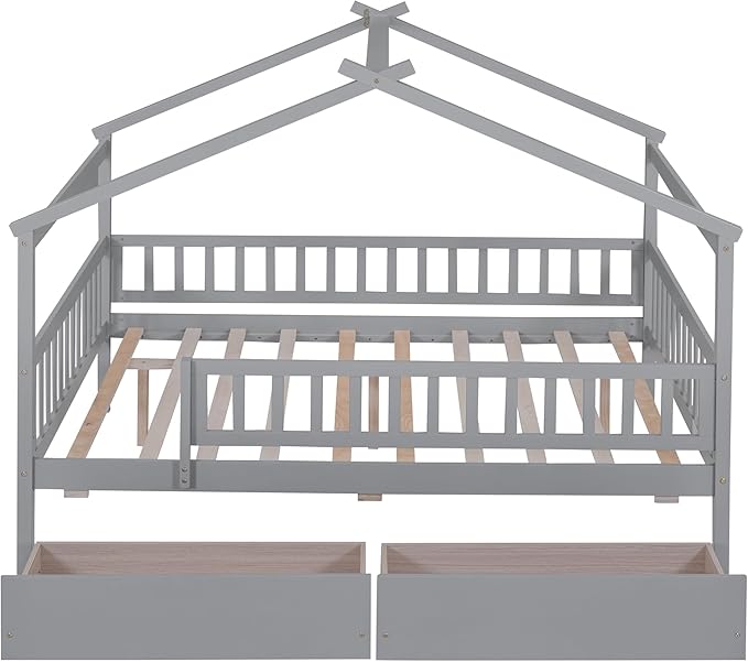 Merax Full Size Wooden House Bed with Two Drawers, Wood Bed Frame with Roof and Safety Guardrail for Kids, Teens, Boys or Girls, Gray