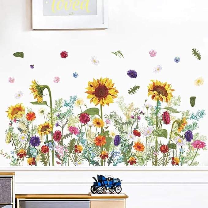 12x36 Inch Set - Floral Wall Decals for Decor, Watercolour Weeds Wildflower Wall Stickers Decals, Colorful Flower Floral Wallpaper Mural for Nursery Kitchen Home (Floral Design #8)