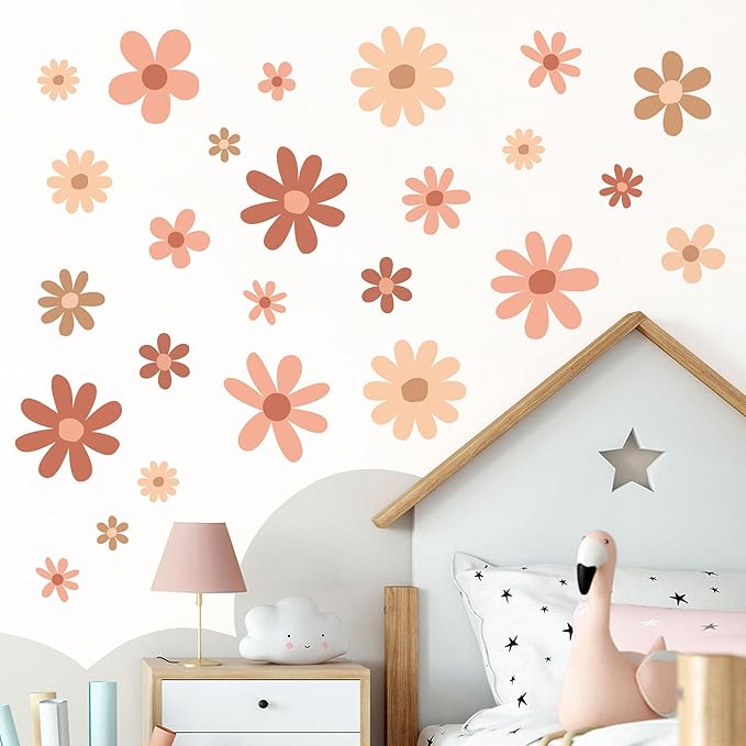 12 Sheets Daisy Wall Decals Boho Flower Wall Stickers Cute Kids Girls Room Decor Peel and Stick Floral Decals Toddler Nursery Playroom Living Room Bedroom Classroom Retro Hippie Decor Boho Style