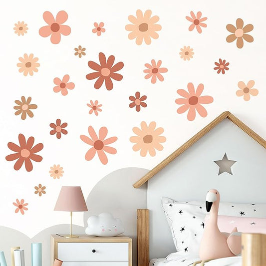 12 Sheets Daisy Wall Decals Boho Flower Wall Stickers Cute Kids Girls Room Decor Peel and Stick Floral Decals Toddler Nursery Playroom Living Room Bedroom Classroom Retro Hippie Decor Boho Style