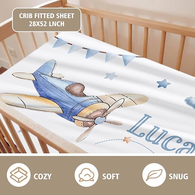 Personalized Crib Bedding Set for Boys Girls, Custom Baby Crib Sets with Name, Toy Airplane Design Nursery Bedding 2 Piece - Soft Blanket with Double Layer Dotted Backing, Crib Fitted Sheet