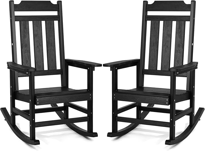 VEVOR 2 Pcs Porch Rocker, HIPS Outdoor Rocking Chair, High Back Patio Rocking Chair with Smooth Armrests, Supports up to 400 lbs, for Garden, Balcony, Porch, Black