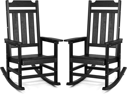 VEVOR 2 Pcs Porch Rocker, HIPS Outdoor Rocking Chair, High Back Patio Rocking Chair with Smooth Armrests, Supports up to 400 lbs, for Garden, Balcony, Porch, Black