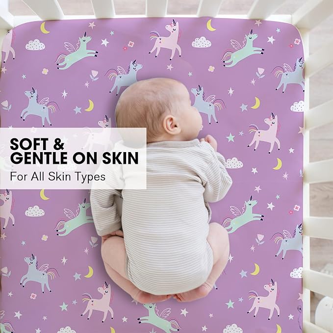 Little Grape Land Crib Sheets 2 Pack for Boys and Girls, Baby Neutral Crib Fitted Sheets for Standard Crib & Toddler Mattress, Super Soft Breathable Fitted Crib Sheet Set, Unicorn