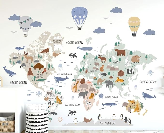 Animal World Map Wall Decal - Map Decal Wall Sticker - World Map Wall Mural Children World Map Sticker - Nursery Wall Decals - Bedroom Living Room Map Gift Sticker (40""W x 36""H)