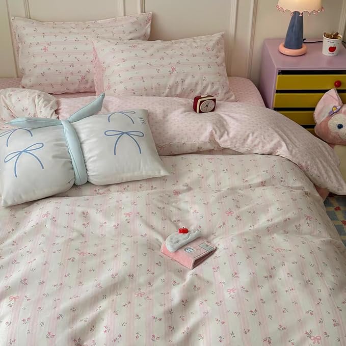 Striped Duvet Cover Queen Size Pink Floral On White Bedding Set with Bow Pattern 3 Pieces Kids Boys Girls Cute Bowknot Reversible Princess Style Soft Duvet Cover Set with Zipper Closure