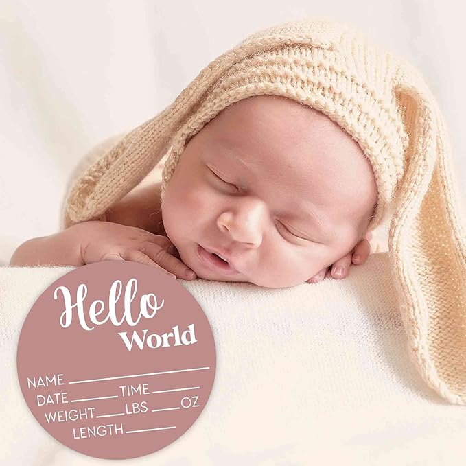 Hello World Newborn Sign - Baby Name Birth Announcement Plaque for Hospital - Photo Prop - Desert Rose Pink Nursery Decor - Shower Gift